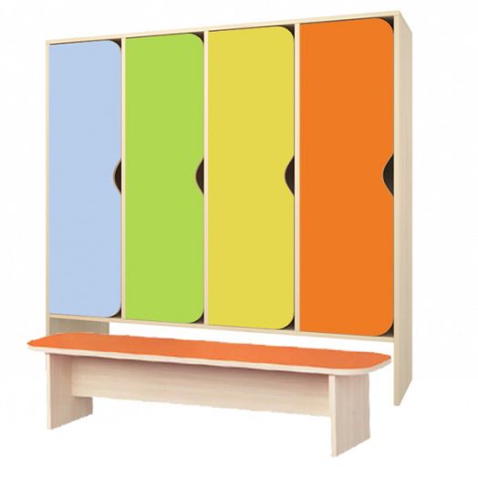 РСН-033 Шкаф детский для одежды с банкеткой 4 секций (Цветные фасады)