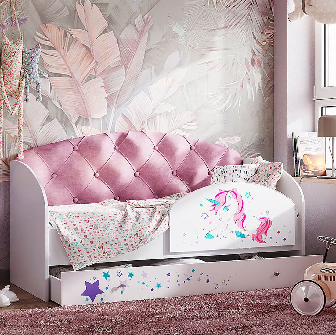 Кровать Звездочка, белый/рисунок единорог/розовый с пуговицами
