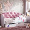 Кровать Звездочка, белый/рисунок единорог/розовый с пуговицами