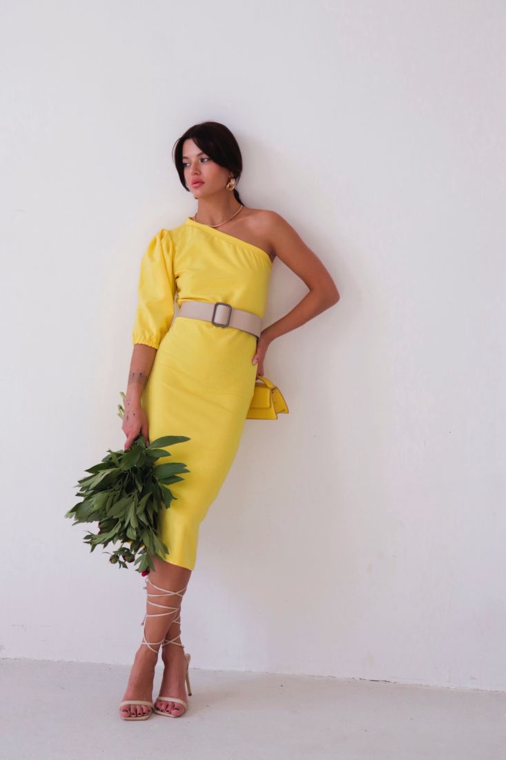 9714 Асимметричное платье лимонное