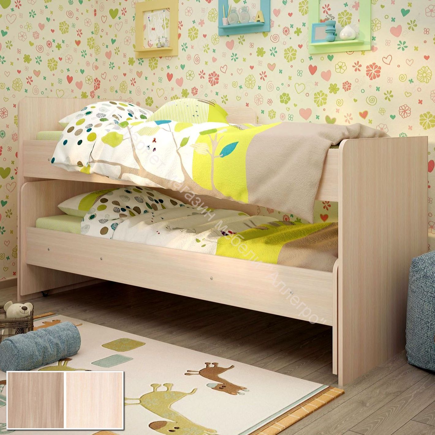 Детская выкатная двухъярусная кровать «Радуга» (Матрешка) без ящика, без бортиков 80х190 на щитах