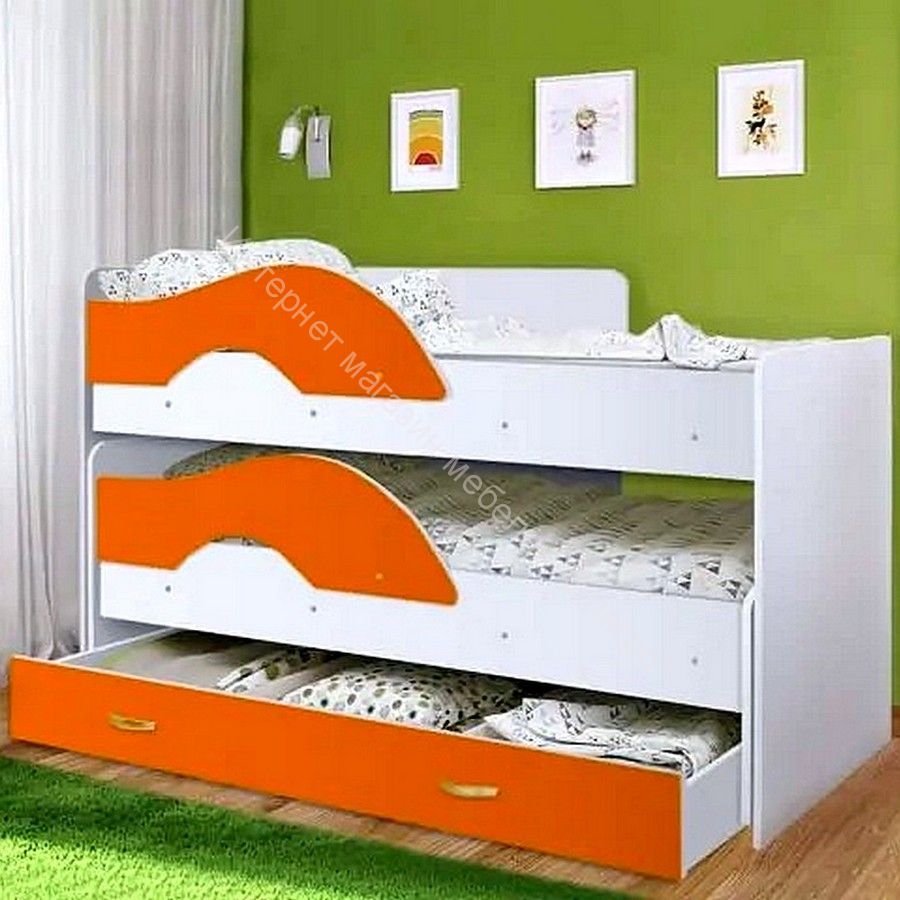 Кровать 2-х ярусная выкатная "Радуга" (Матрешка) 80х160 без ящика Белый, Оранжевый