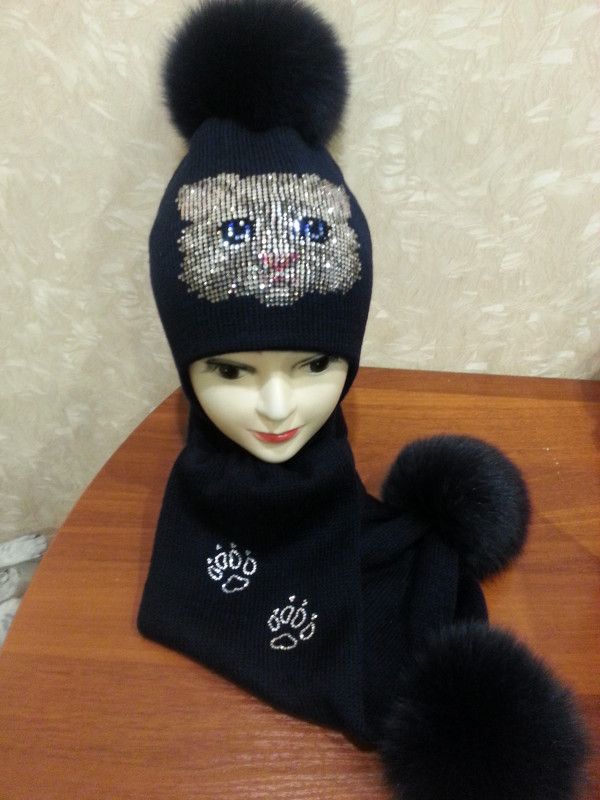 Комплект шапка и шарф черный с котенком