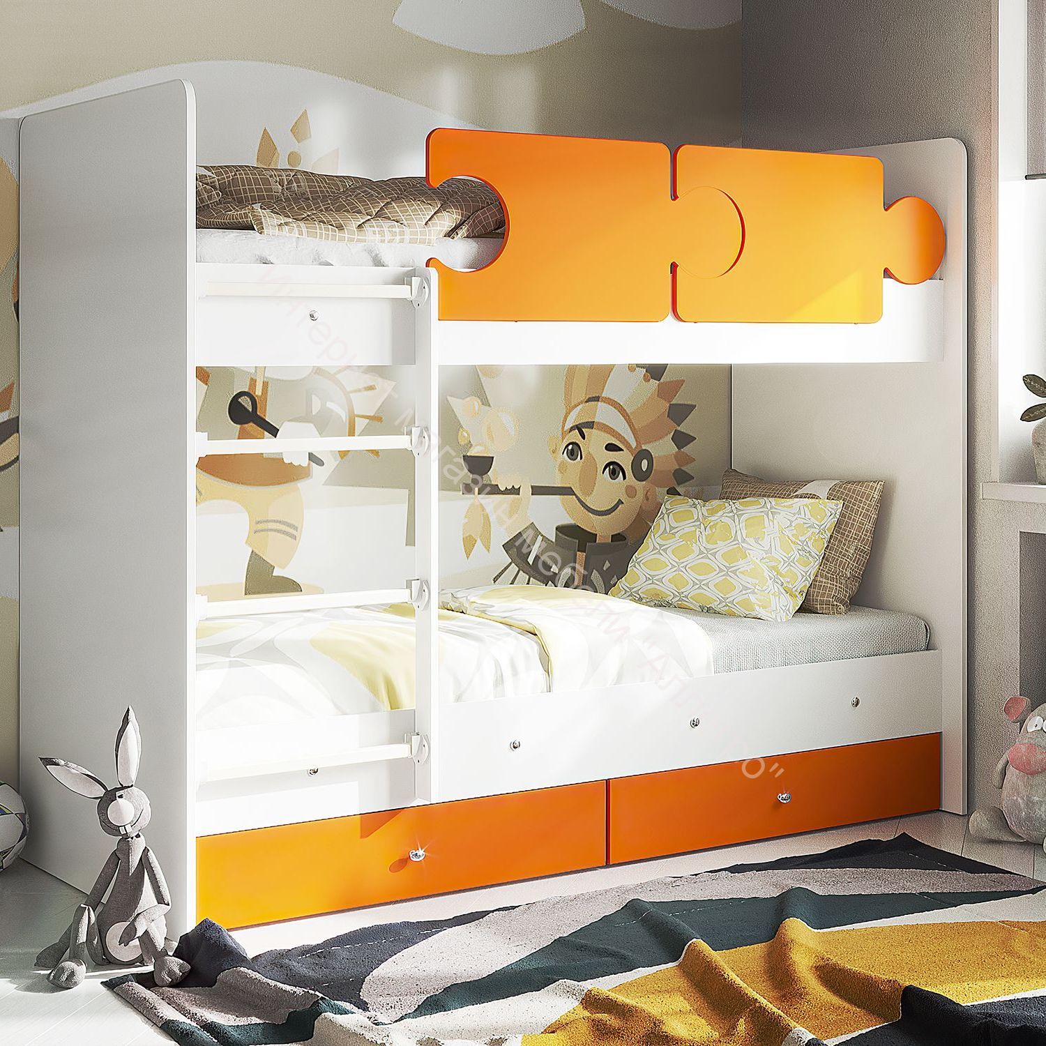 Кровать двухъярусная  "Тетрис" 1900*800 на щитах белый/оранжевый