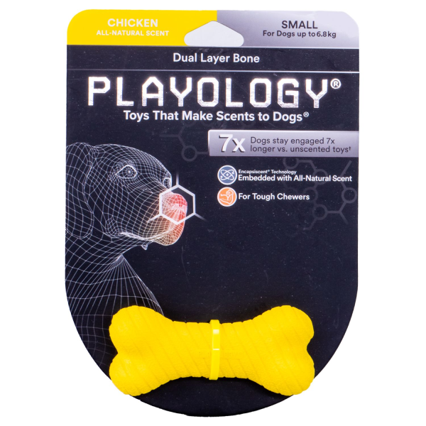 Игрушка для собак мелких пород Playology DUAL LAYER BONE желтая двухслойная жевательная косточка с ароматом курицы