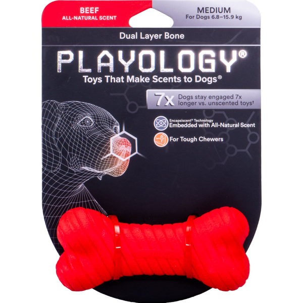 Игрушка для собак средних пород Playology DUAL LAYER BONE красная двухслойная жевательная косточка с ароматом говядины