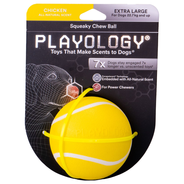 Игрушка для собак средних и крупных пород Playology SQUEAKY CHEW BALL желтый жевательный мяч с пищалкой и с ароматом курицы 8 см