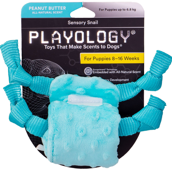 Игрушка для щенков мелких и средних пород Playology PUPPY SENSORY SNAIL голубая сенсорная плюшевая улитка с ароматом арахиса