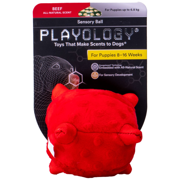 Игрушка для щенков средних и крупных пород Playology PUPPY SENSORY BALL 15 см красный плюшевый мяч с ароматом говядины
