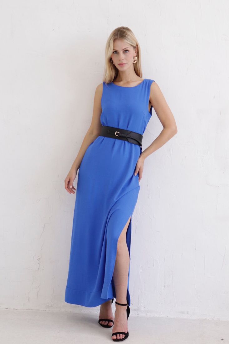 9992 Платье без рукавов с разрезами тёмно-голубое (остаток: 42, 46)