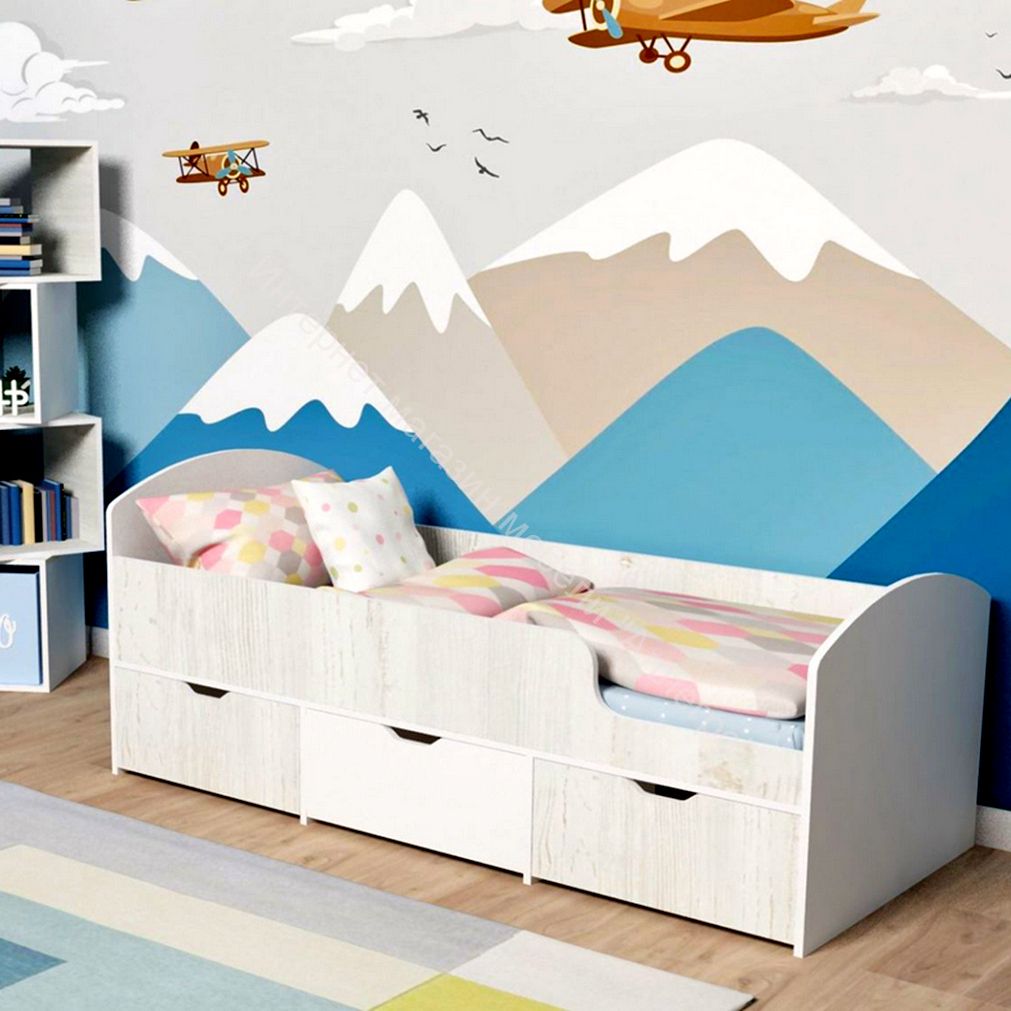 Кровать Малыш Мини 0,7*1,6 м с бортиком и 3-мя выкатными ящиками, Белое дерево / Винтерберг