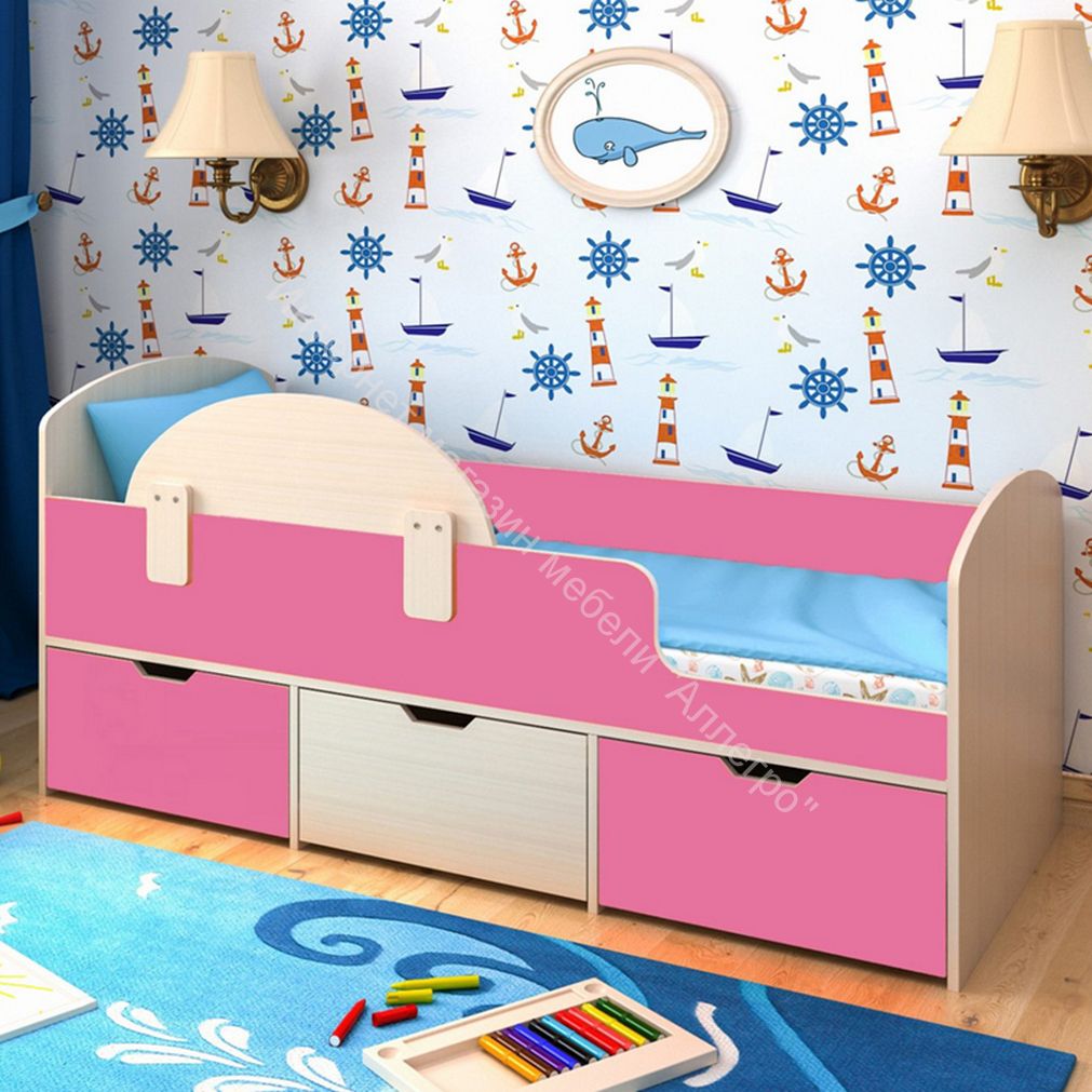 Кровать Малыш Мини 0,7*1,6 м с бортиком и 3-мя выкатными ящиками, Дуб молочный / Розовый