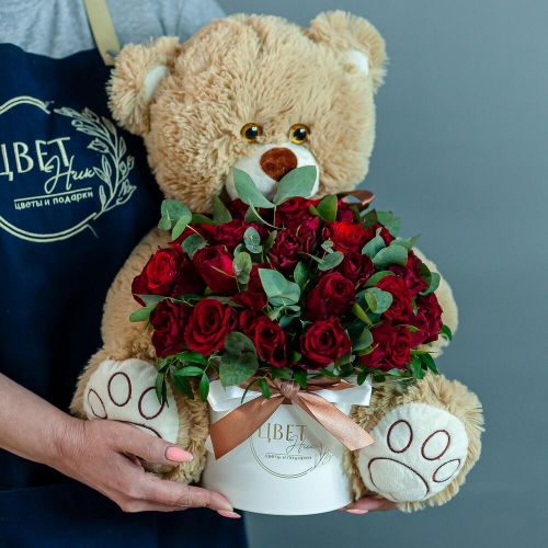 Набор 2в1: Шляпная коробка с розами+Медведь
