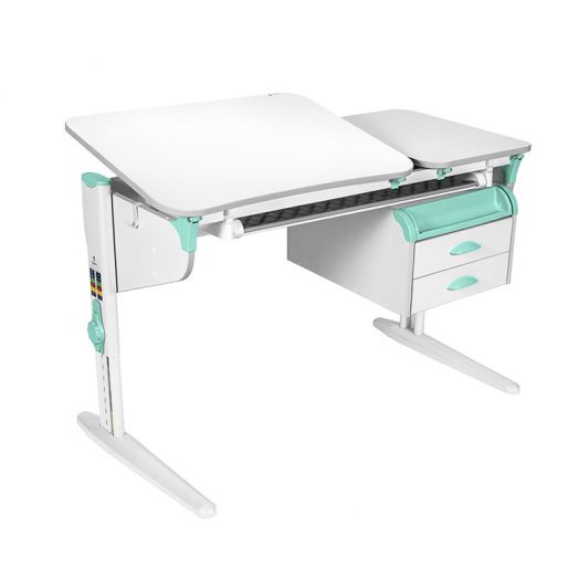 ДСУТ45-1-3 Растущий стол с лотком и тумбой одноместный (ЛДСП белый, опора белый)