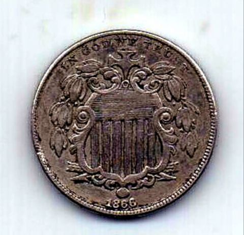 5 центов 1866 США Редкий год XF