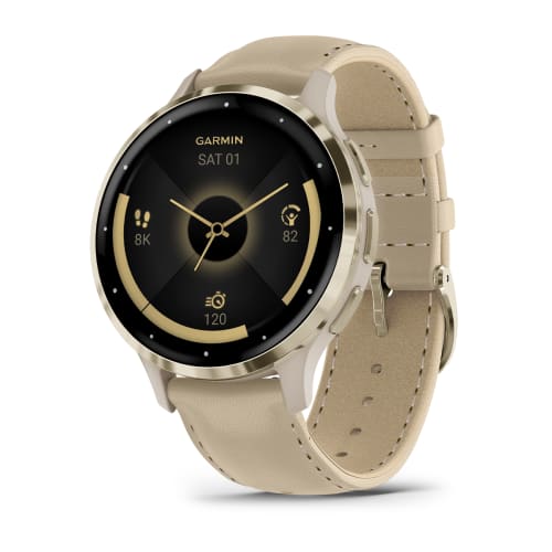 Умные часы Garmin Venu 3S цвета "французский серый" с золотистым безелем и кожаным ремешком