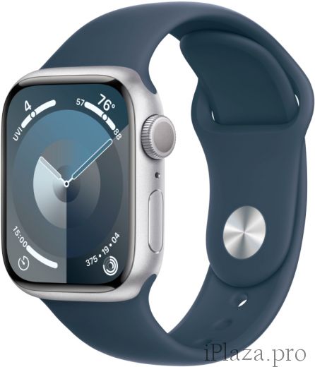 Apple Watch Series 9, корпус из алюминия серебристого цвета, спортивный ремешок цвета «грозовой синий»