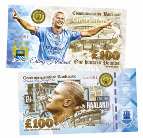100 фунтов Гибралтар — Эрлинг Холанн (Haaland). Памятная банкнота. UNC Msh Oz