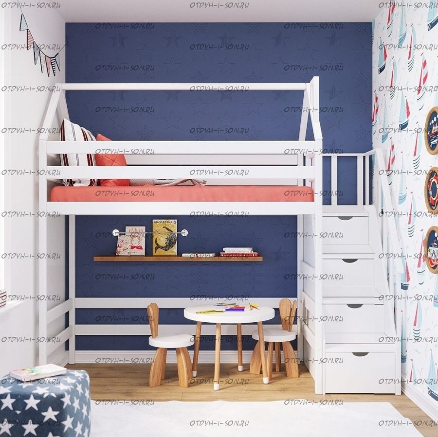 Кровать-чердак Домик Standard с лестницей комодом №21+