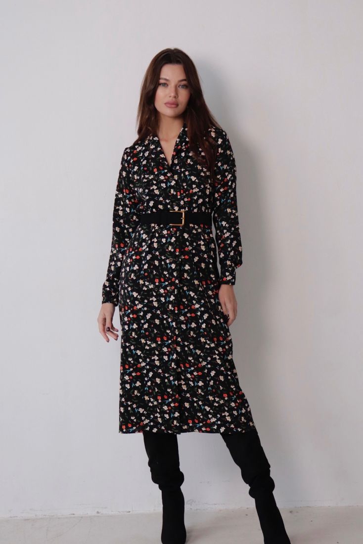 11094 Платье-рубашка с английским воротником чёрное в цветок