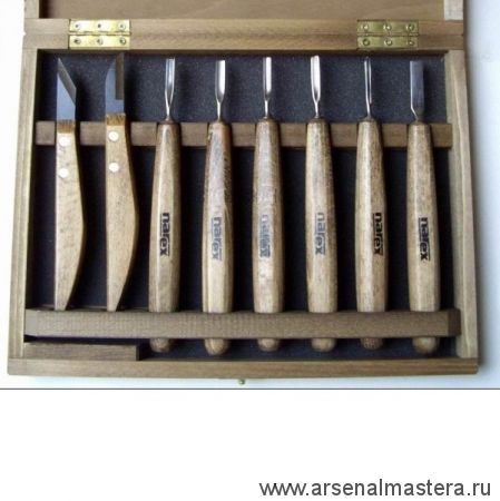 Набор из 6 стамесок для миниатюр и 2 ножей Narex PROFI в деревянной коробке 869010
