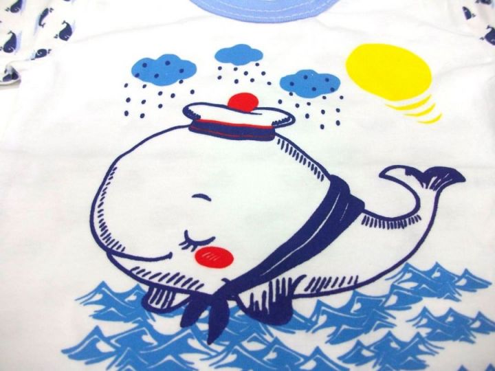 Спереди на футболке изображен очень красивый рисунок в виде большого синего кита