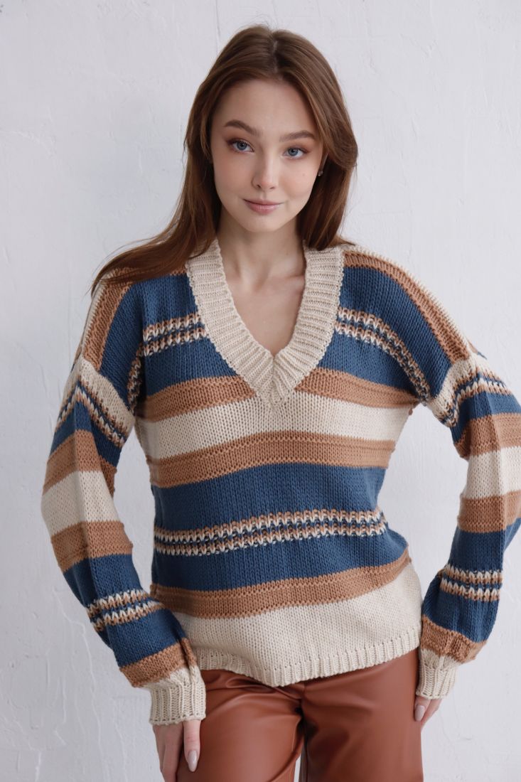 9942 Пуловер с полосами бежево-синий
