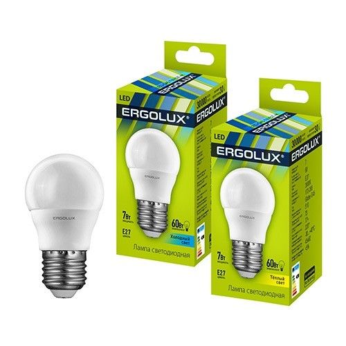 Светодиодная лампа Ergolux шар G45 E27 7W(580lm 220°) 6500K 6K матовая 82x45 пластик/алюм. LED-G45-7W-E27-6K