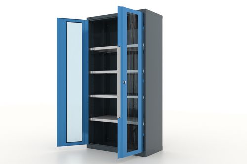 Шкаф металлический для инструмента двухсекционный, дверца со стеклом, темно-серый - синий FERRUM 13.1042-7016/5015