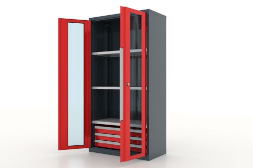 Шкаф металлический для инструмента двухсекционный, дверца со стеклом, темно-серый - красный FERRUM 13.1332-7016/3000