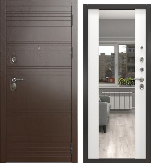 Входная дверь А-39/71-Z люкс (Горький шоколад / Шагрень белая, с зеркалом)