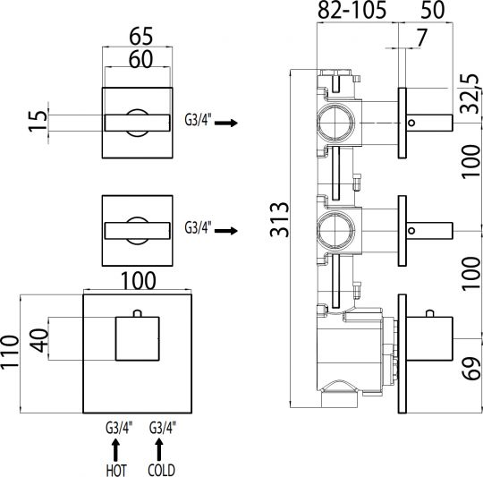 Термостат Bossini Rectangular 2 Outlets LP Z033203 для ванны с душем хром схема 6