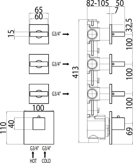 Термостат Bossini Rectangular 3 Outlets LP Z033205 для ванны с душем хром схема 5