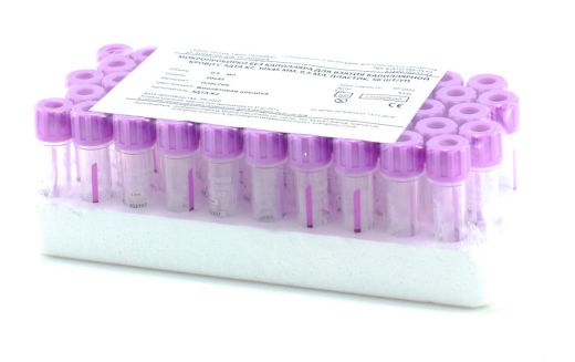 Микропробирки без капилляра с ЭДТА К2, 0,5 мл, 10х45 мм, пластик, для взятия капиллярной крови, для гематологических исследований, упаковка 50 шт