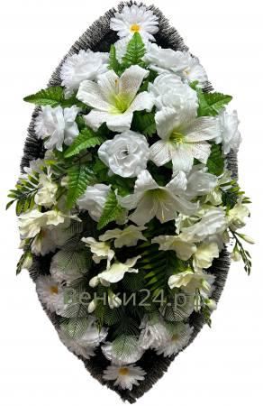 Фото Ритуальный венок из искусственных цветов - Классика #29 бело-зелёный из хризантем, лилий, роз и папоротника