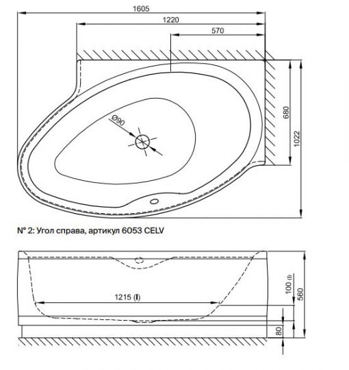 Овальная ванна углового монтажа Bette Pool I Panel 6053 CELV правая 160х102 схема 3