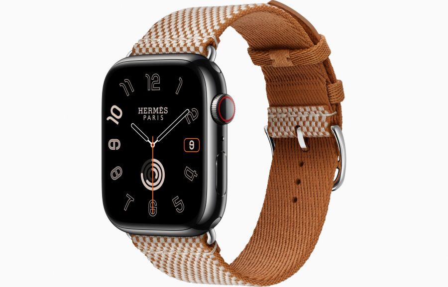 Apple Watch Hermès Series 8 45mm Space Black Stainless Steel Case with Toile H Single Tour Gold/Ecru