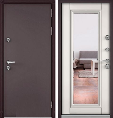 Входная дверь Мастино TERMO-100 Букле шоколад/Дуб белый скандинавский 10T-140 (зеркало) дверь с терморазрывом