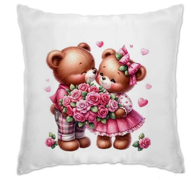 Декоративная интерьерная подушка 30*30 см Влюблённые медвежата с букетом, подарок на 8 марта, на день рождения, для любимой