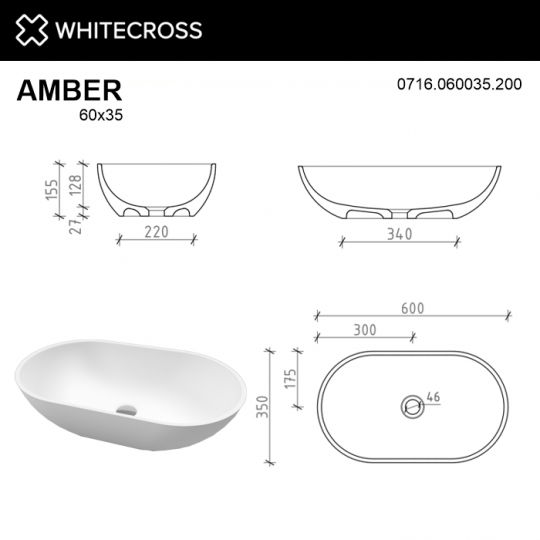 Белая матовая раковина WHITECROSS Amber 60x35 схема 6