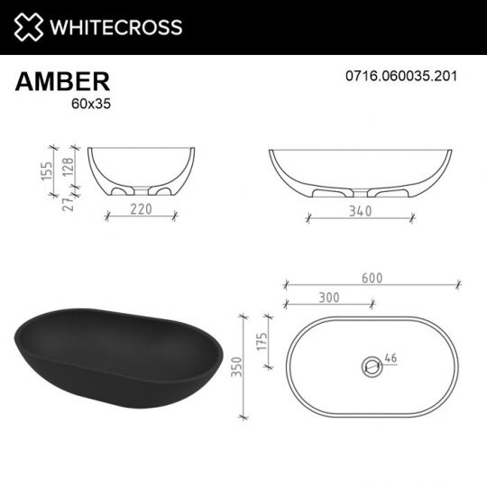 Черная матовая раковина WHITECROSS Amber 60x35 схема 4