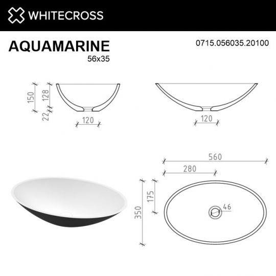 Раковина WHITECROSS Aquamarine 56x35 (черный/белый мат) схема 4