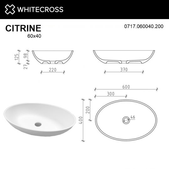 Белая матовая раковина WHITECROSS Citrine 60x40 схема 8
