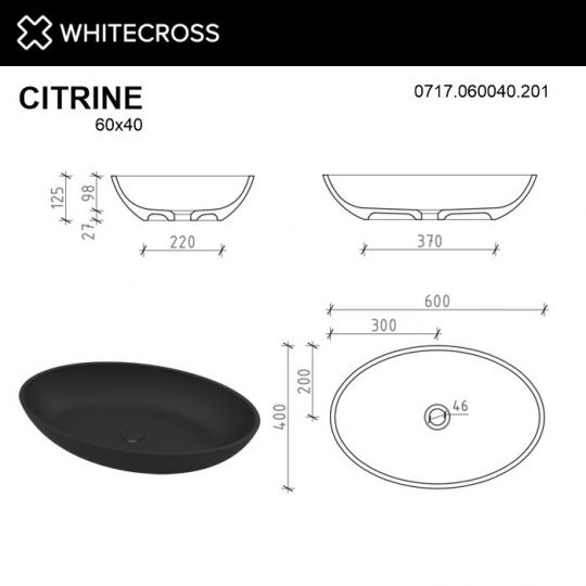 Черная матовая раковина WHITECROSS Citrine 60x40 схема 4