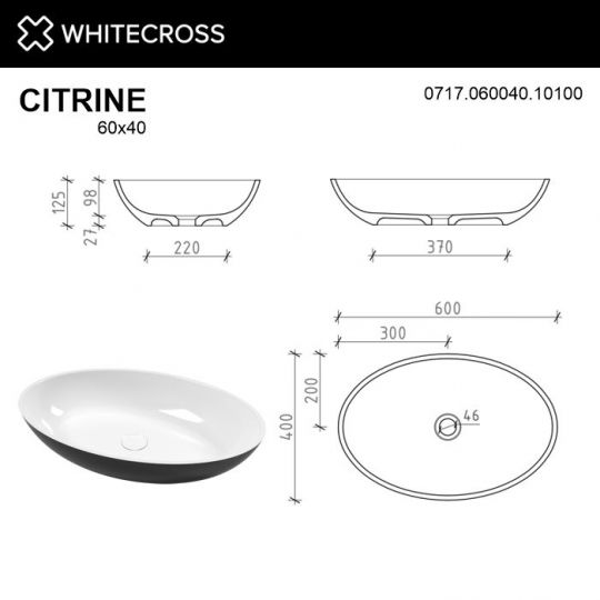 Раковина WHITECROSS Citrine 60x40 (черный/белый глянец) схема 4