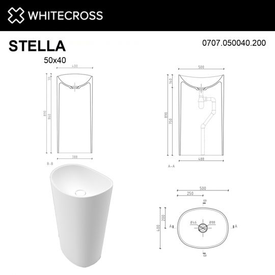 Белая матовая раковина WHITECROSS Stella 50x40 схема 6