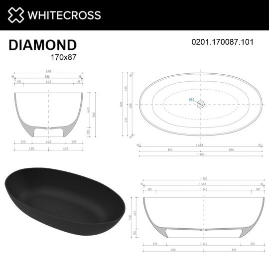 Отельностоящая ванна WHITECROSS Diamond 170x87 0201.170087 в 6 цветах схема 16