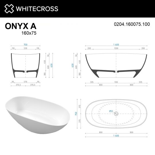 Ванна WHITECROSS Onyx A 160x75 0204.160075 схема 7