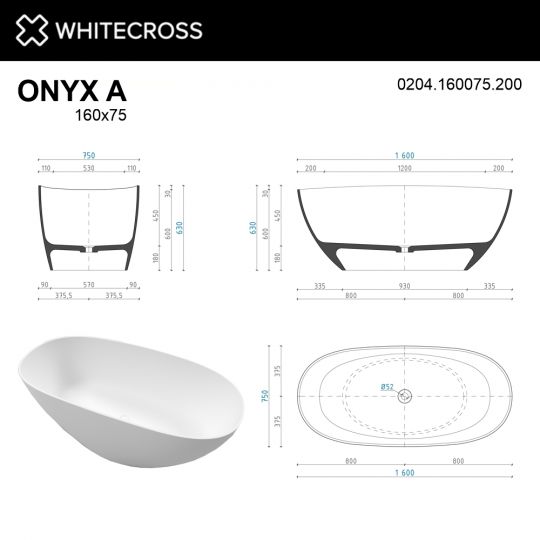 Ванна WHITECROSS Onyx A 160x75 0204.160075 схема 14