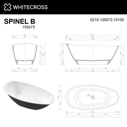 Черно-белая ванна WHITECROSS Spinel B 155x73 0210.15507300 со сливом по центру ФОТО
